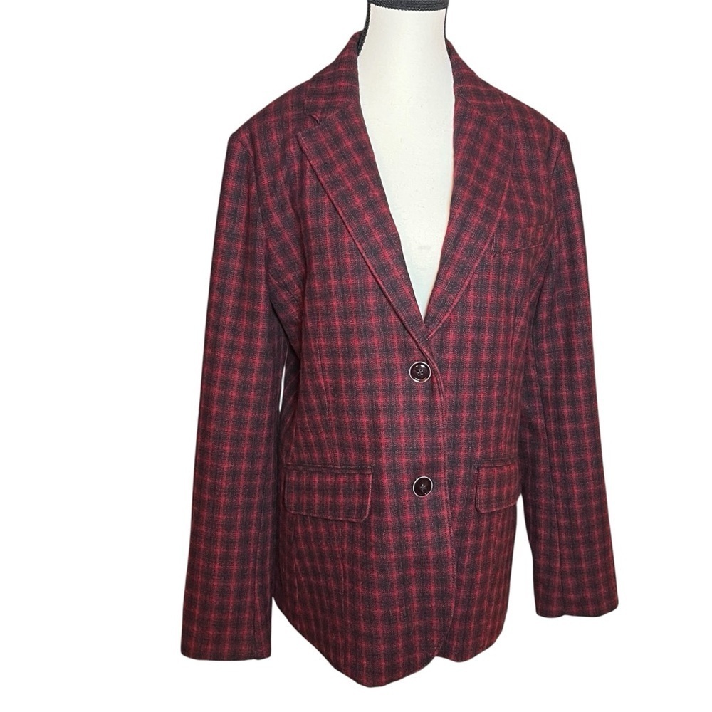 Eddie Bauer Tartan Plaid Burgundy Red Black Wool Double Button Blazer Size 14 - Picture 1 of 7